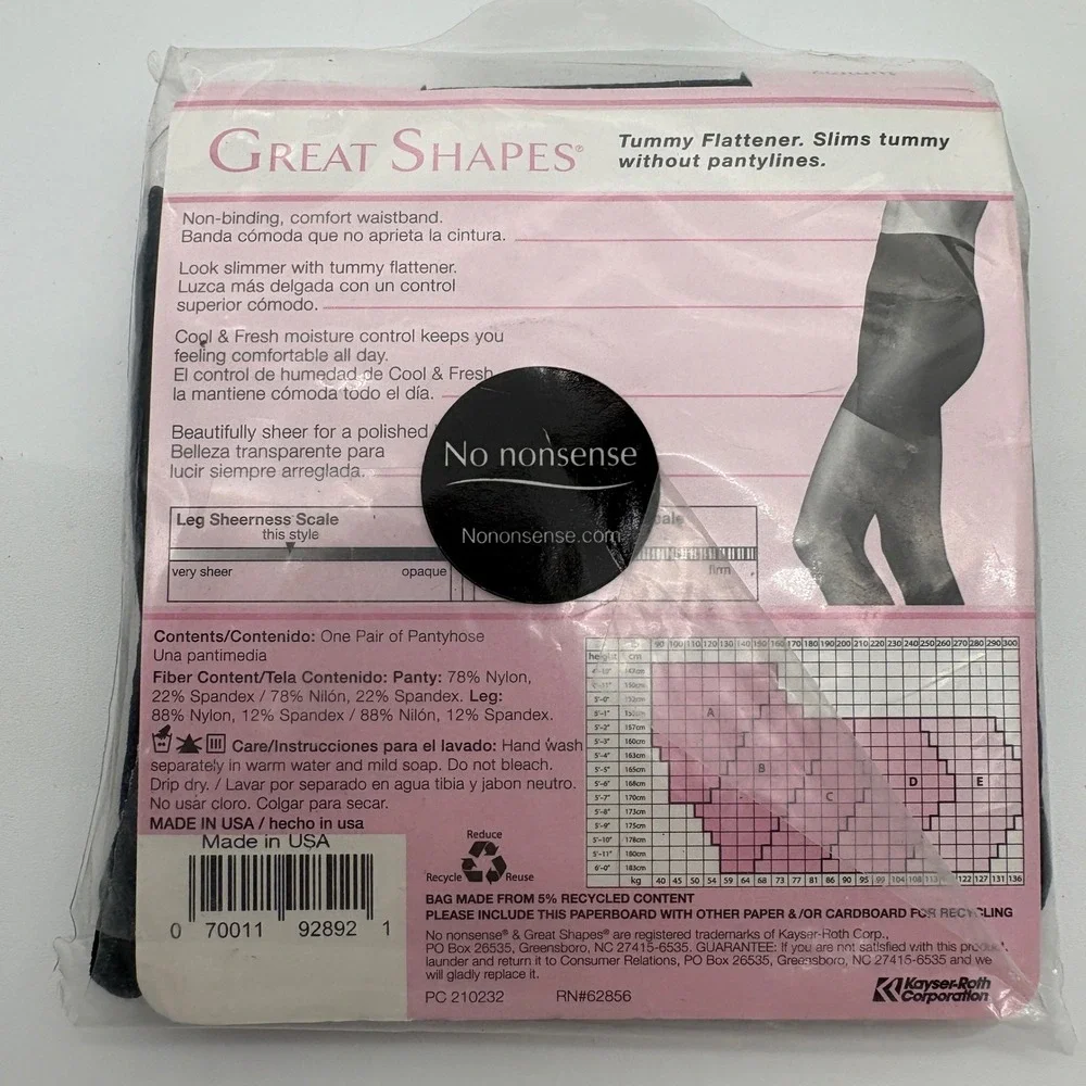 No Nonsense Great Shapes Tummy Flattener Pantyhose Midnight Black CF3 Size C NEW
